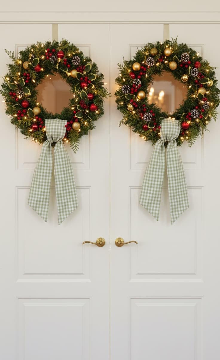 Skiennix Wreath Sash - Green & White Checkered Plaid Bow Ribbon Bundle | 2 Pack for Home Decor (5.12" x 54.33")