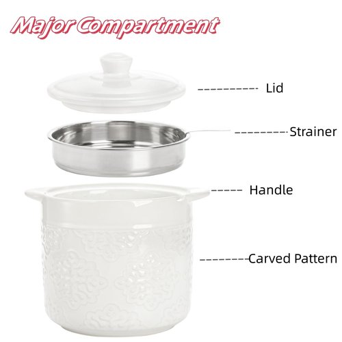 Lyellfe Ceramic Bacon Grease Container, 1.2L/40 Oz Oil Filter Pot with Strainer, White Carved Cooking Oil Container for Fat Frying Used Cooking Oil Kitchen