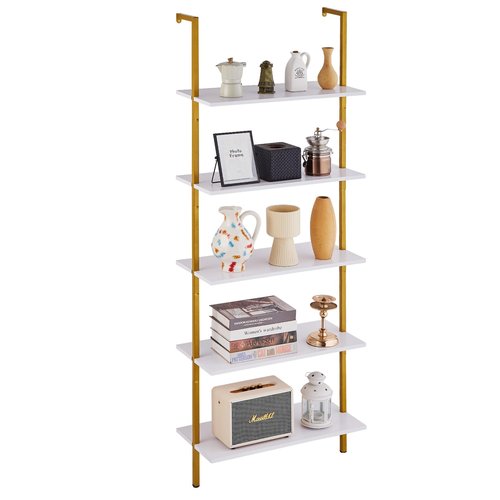VEVOR Ladder Shelf, 5-Tier Bookshelf 24x11.8in, Open Wall-Mounted Ladder Shelf with Metal Frame,Storage Rack Sundries Holder for Kitchen Bedroom Bathroom Living Room, Gold White