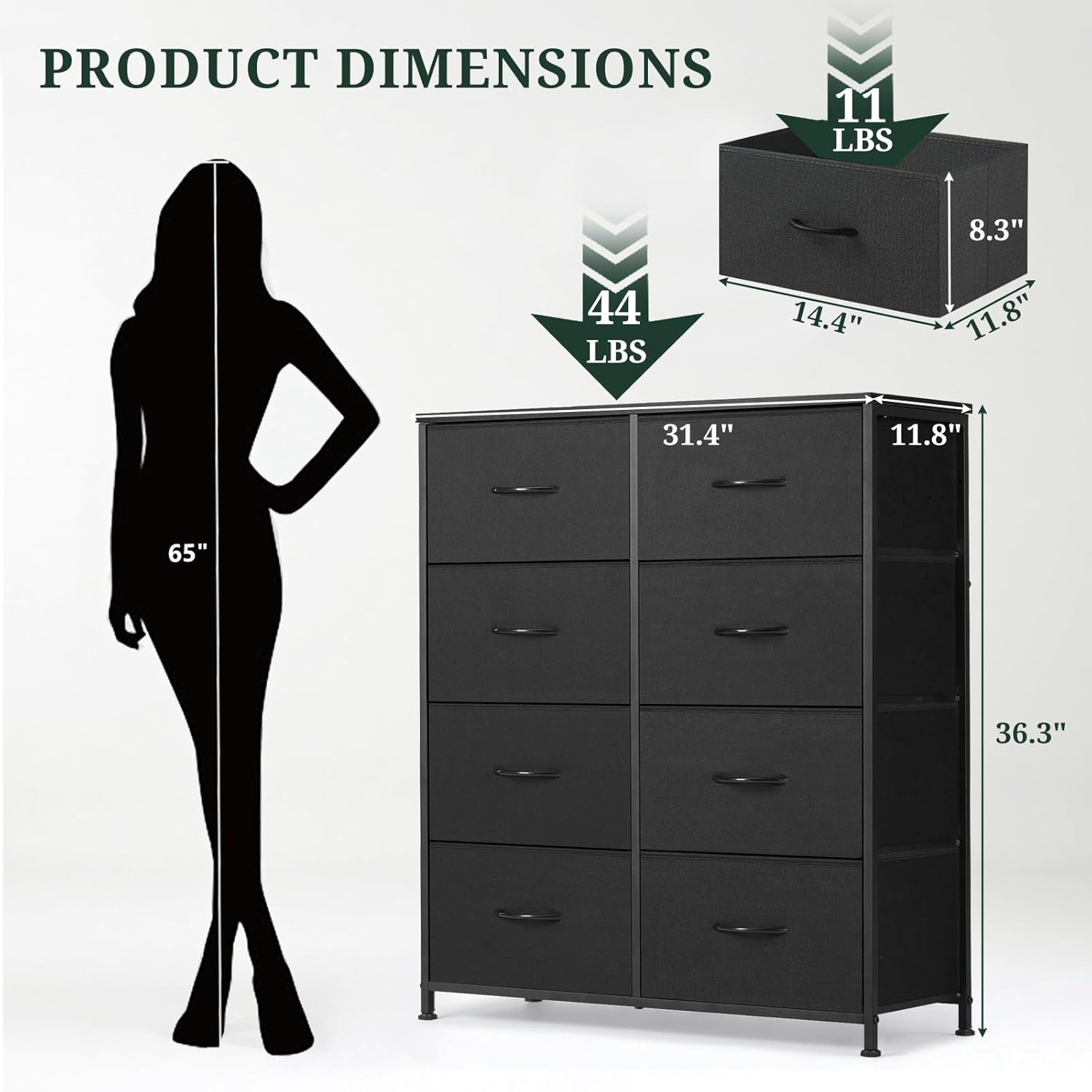 Regine Switzerland 8-Drawer Dresser - Anti-Tip Storage Organizer with Wooden Top & Metal Frame | Black