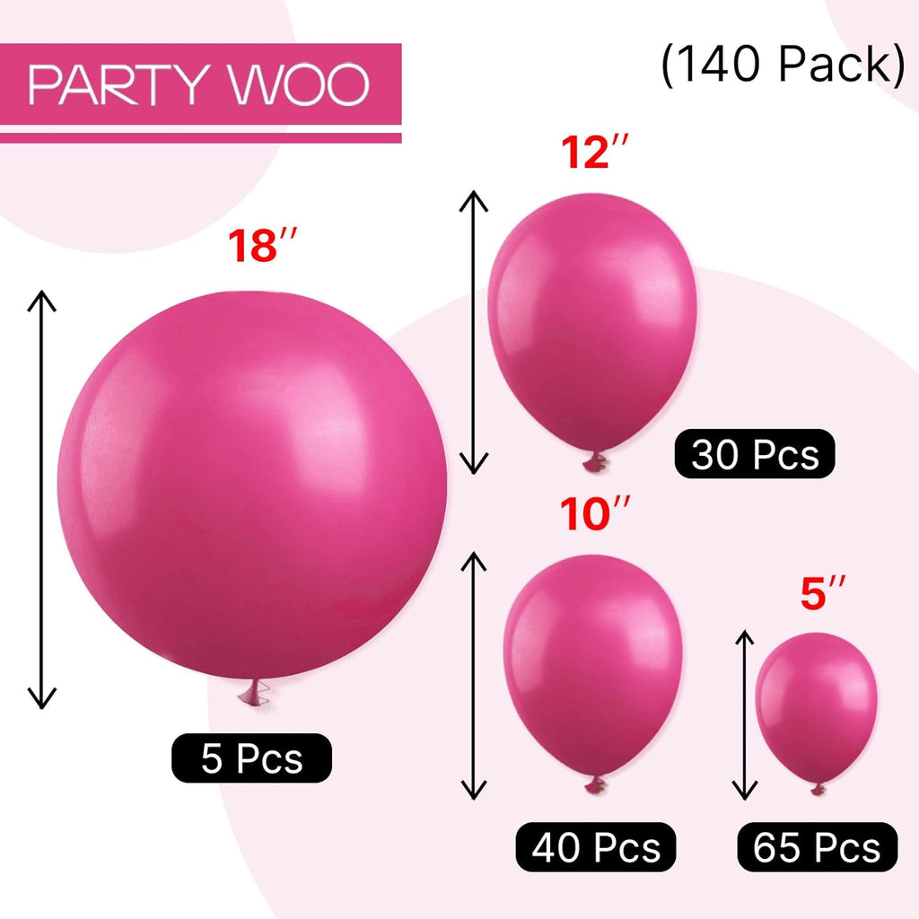 PartyWoo Hot Pink Balloons - 140-Piece Balloon Arch Kit | Various Sizes for Baby Showers & Birthdays