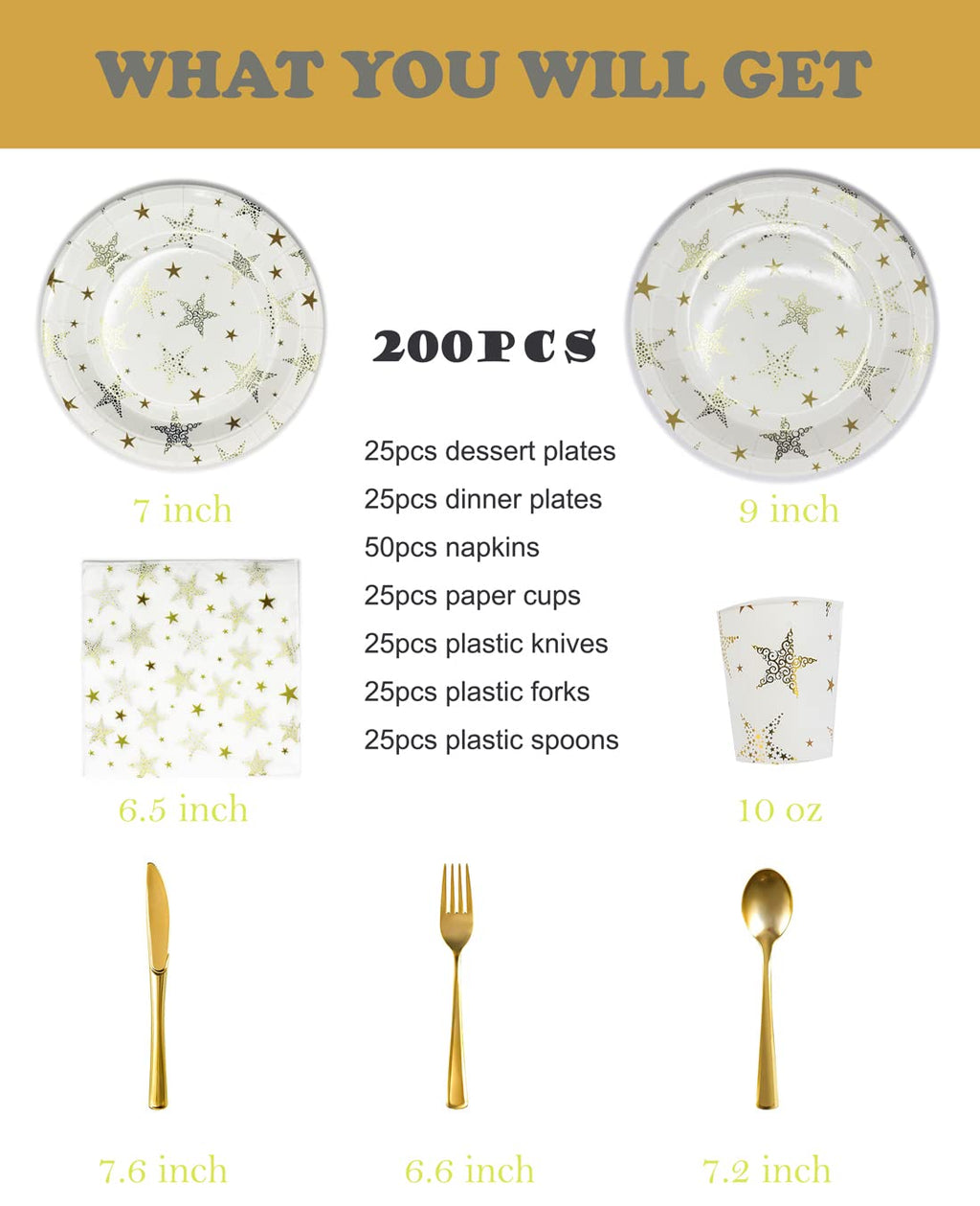 CONRADY 200 PCS Gold Star Disposable Party Dinnerware Set,25pcs Paper Plates, Dessert Plates, Paper Cups,Plastic Cutlery Set(Knives,Forks,Spoons) and 50pcs Napkins for Party Serves 25(Gold)