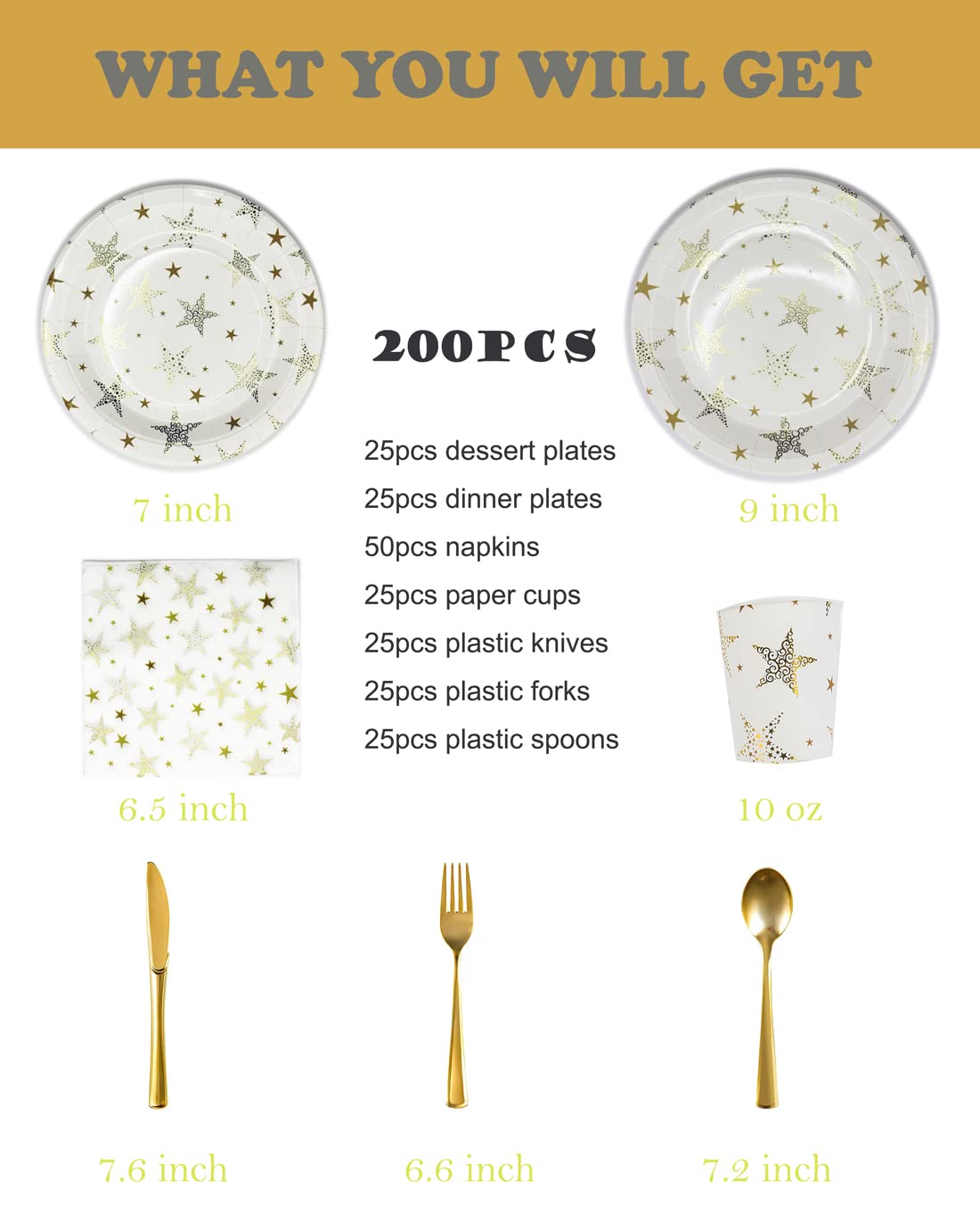 CONRADY 200 PCS Gold Star Disposable Party Dinnerware Set,25pcs Paper Plates, Dessert Plates, Paper Cups,Plastic Cutlery Set(Knives,Forks,Spoons) and 50pcs Napkins for Party Serves 25(Gold)