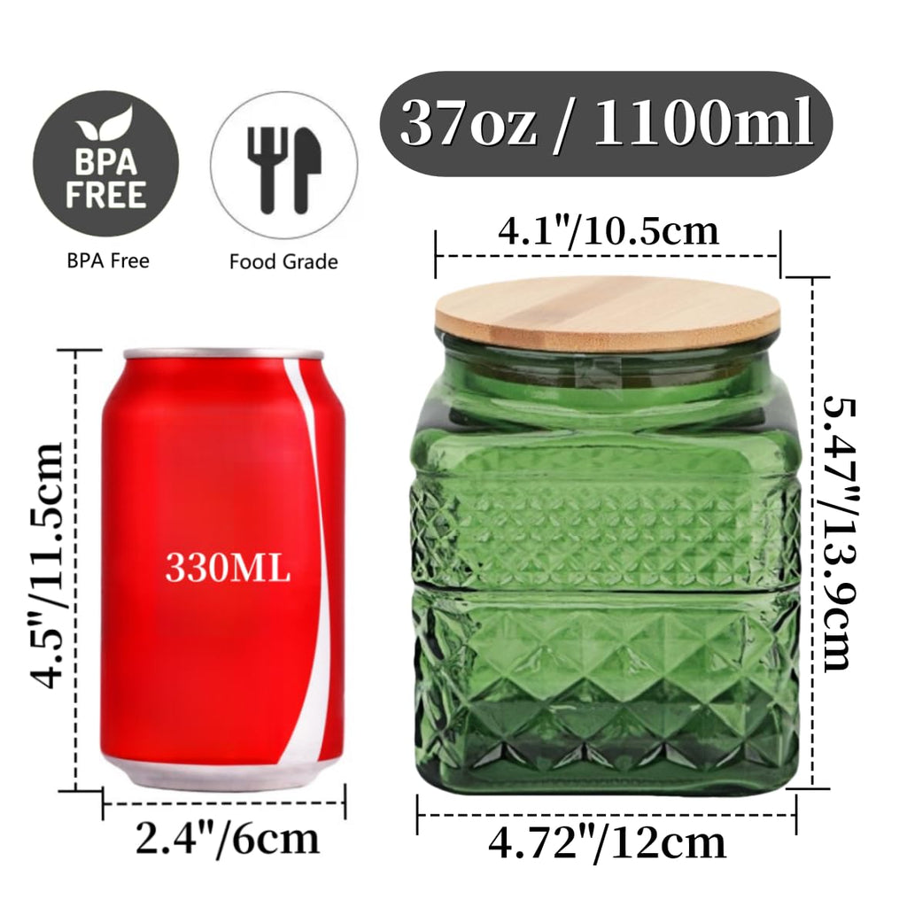 ANSQU Square Glass Canister, 37oz Candy Jar with Lid, Glass Food Storage Containers for Ground Coffee, Tea, Sugar, Decorative Mason Jar, Cookie Jars (Green)