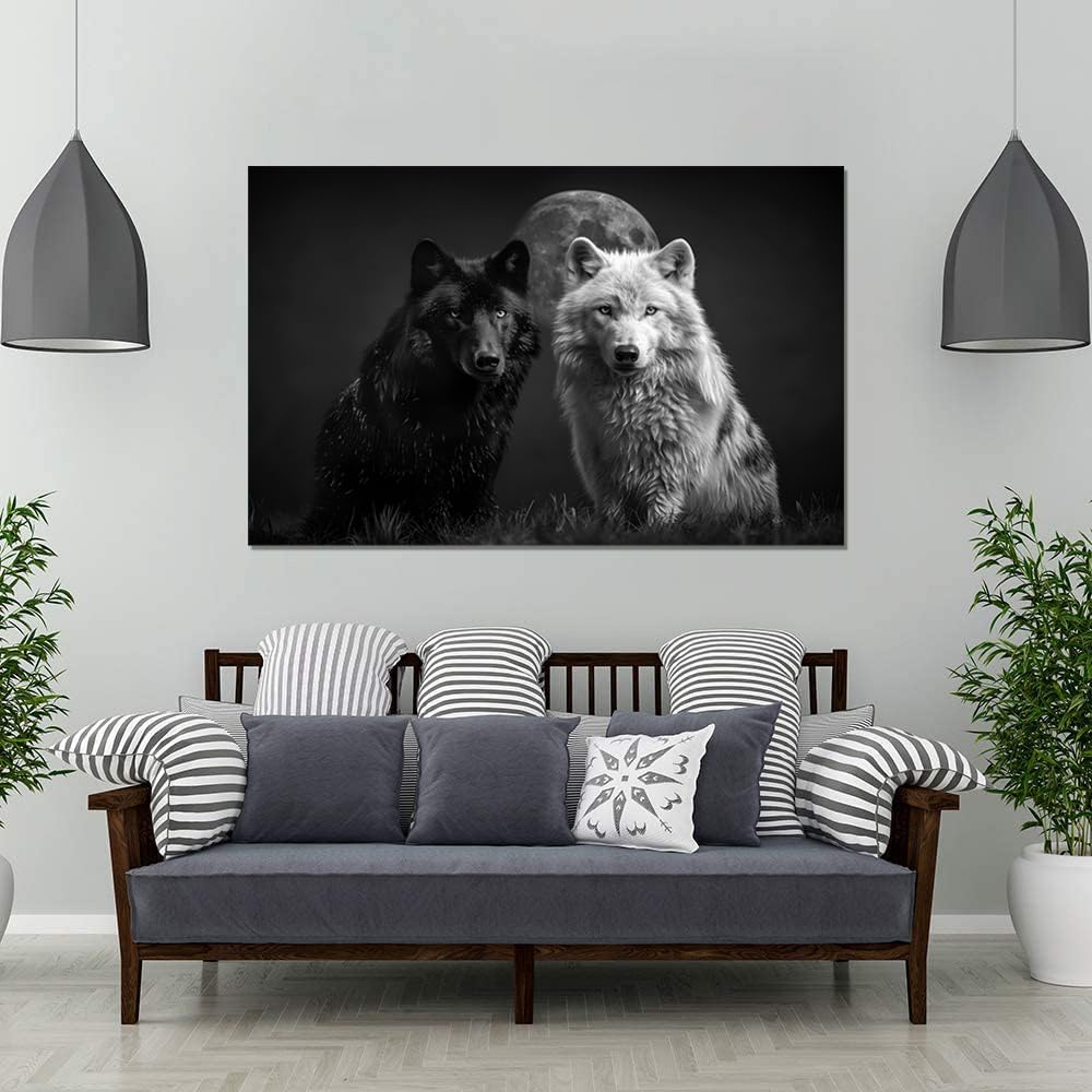 Large Black and White Wolf Wall Art Full Moon and Two Wolf Posters Prints Artwork Modern Wild Animal Pictures Wall Decor Living Room Bedroom Home Office Decor Framed Ready to Hang-28''Wx44''H