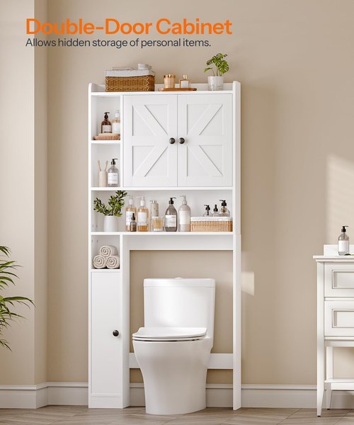 HOOBRO Over The Toilet Storage Cabinet, Farmhouse Over Toilet Bathroom Organizer with Doors and Adjustable Shelves, 31.5" L x 7.5" Wx 66.7" H, Space-Saving for Bathroom, Laundry, White WT80TS01N1