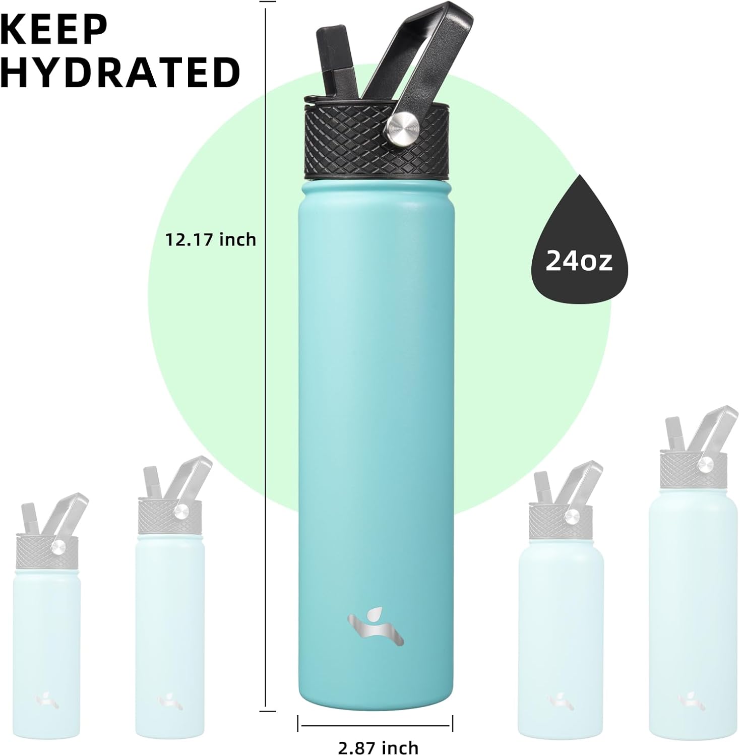 Skiennix Insulated Water Bottle - 24oz Stainless Steel Sport Bottle with 3 Lids | Turquoise