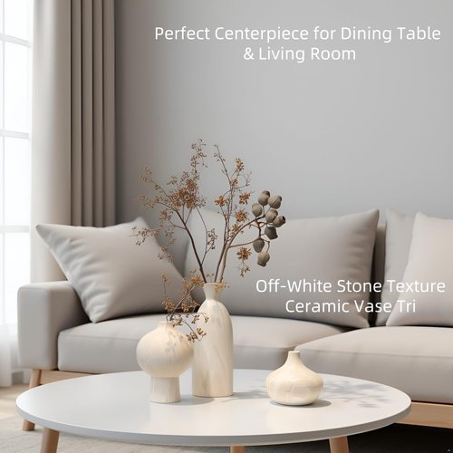 SincereLuxe White Ceramic Vase Set of 3 in Beige, Modern Aesthetic Stone-Look Textured Pottery Vases for Shelf & Bookshelf Home Decor, Neutral Minimalist Decorative Vases for Flowers & Pampas Grass