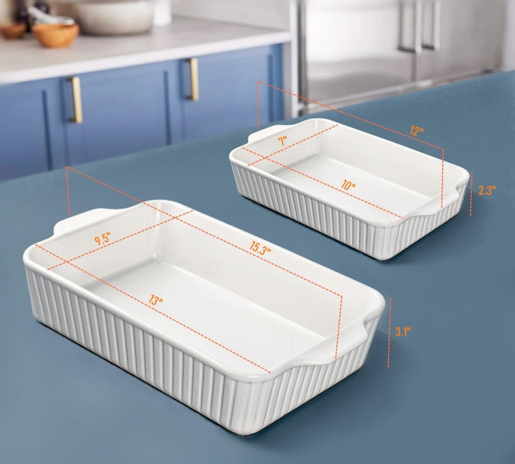 **Ceramic Baking Dish Set - 2-Piece Oven Safe Casserole Pans for Lasagna & Cake | White 4.4QT & 1.8QT**