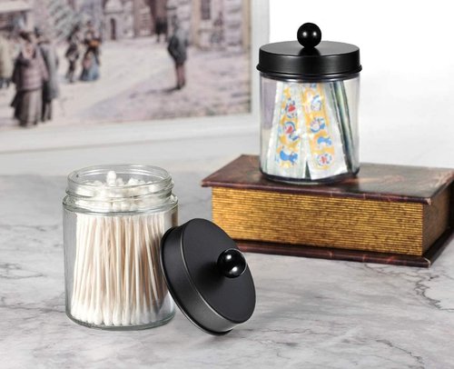 Amolliar Apothecary Jars Set - 4 Pack Bathroom Storage Canisters with Stainless Steel Lids & Cute Stickers | Black Qtip Dispenser for Cotton Swabs & Makeup Sponges