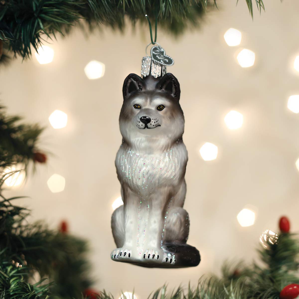 Old World Christmas Sitting Wolf Glass Blown Ornament for Christmas Tree, Handcrafted Holiday Decoration, Wildlife Animal Collection