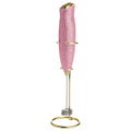 Paris Hilton Electric Rhinestone Handheld Milk Frother with Double Coil Head Whisk and Gold Metal Stand, Battery Powered (2 AA Batteries Required but Not Included), Pink