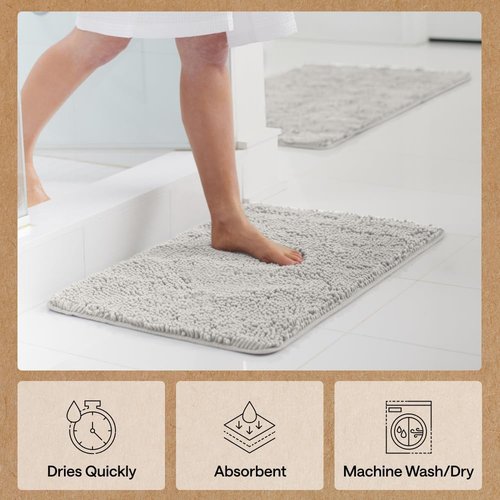 GORILLA GRIP Bath Rug Mat - Soft Absorbent Chenille | Quick-Dry Microfiber, 42x24, Light Gray