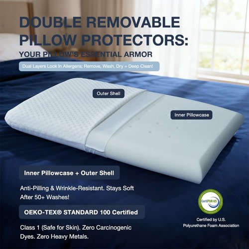 Huhu Sleep Thin Memory Foam Pillow for Stomach Sleepers - 2.75 Inch Low Profile Flat Pillows for Sleeping, Slim Odorless Foam Pillow and Case with 37% Rayon derived from Bamboo, Standard Size