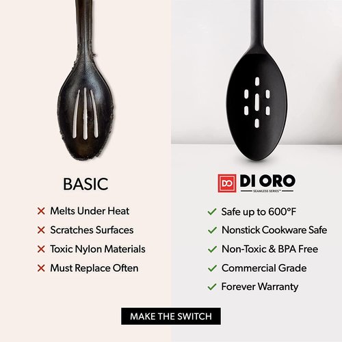 DI ORO Silicone Cooking Spoons - Heat-Resistant Kitchen Utensils for Mixing & Serving - 600°F, 2pc Black