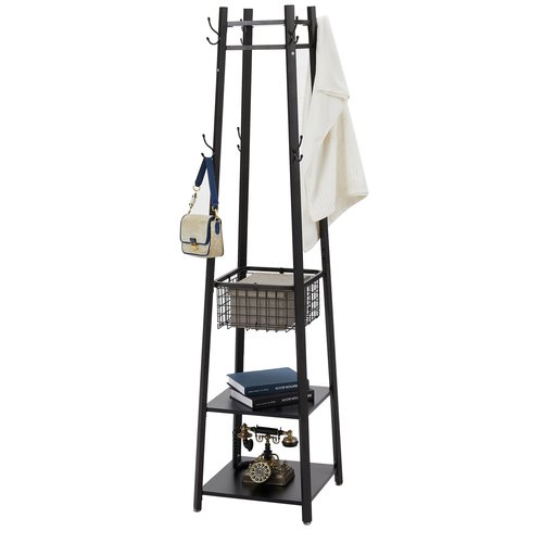 VECELO Coat Rack Freestanding,Hall Tree with Metal Basket and Storage Shelves,Industrial Coat Rack Stand with 8 Hooks for Hanging Coats/Hats/Bags/Umbrellas,18 x 18 x 72 In,Matte Black