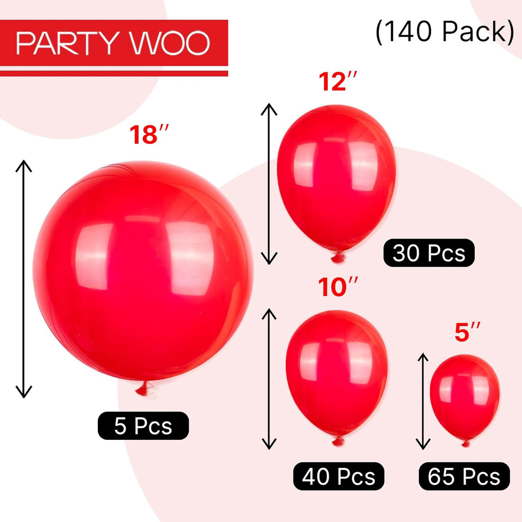 PartyWoo Red Balloon Arch Kit - 140 Pcs in 5-18 Inch Sizes for Birthday & Graduation Celebrations