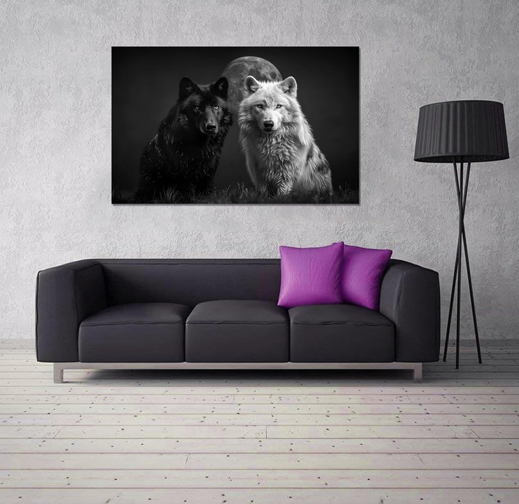 Large Black and White Wolf Wall Art Full Moon and Two Wolf Posters Prints Artwork Modern Wild Animal Pictures Wall Decor Living Room Bedroom Home Office Decor Framed Ready to Hang-28''Wx44''H