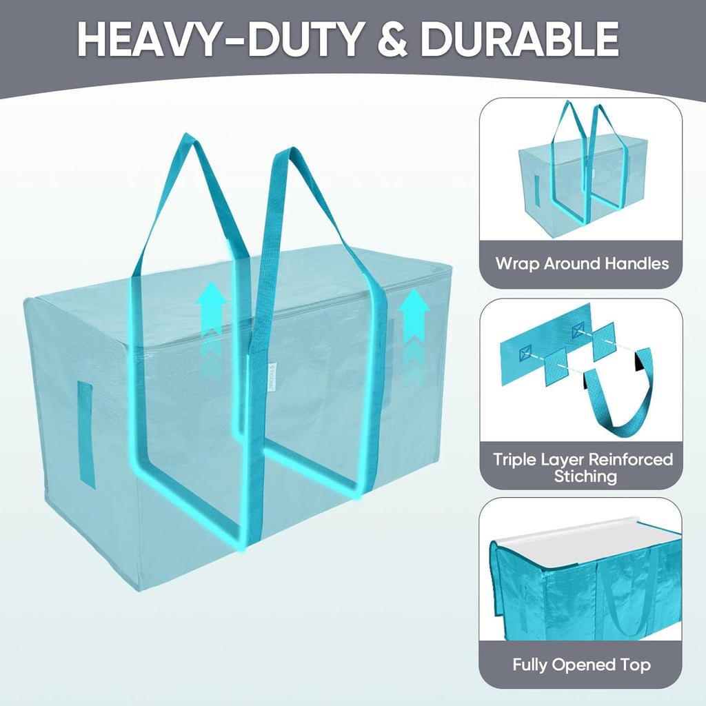 TICONN Extra Large Moving Bags - Heavy Duty with Zippers & Handles | Durable Storage Solution (8 Pack, Aqua)