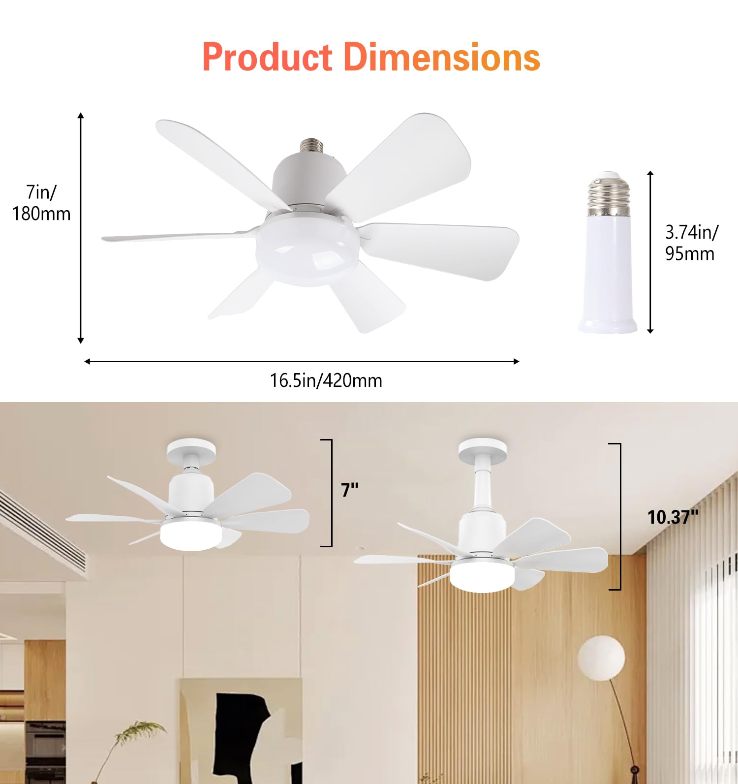 OPONL Socket Fan Light with Remote, 3-Speed Dimmable LED White Socket Ceiling Fan, 6 Colors 3000K-6000K, 1000 Lumens light bulb ceiling fan for Bedroom, Kitchen, Closet