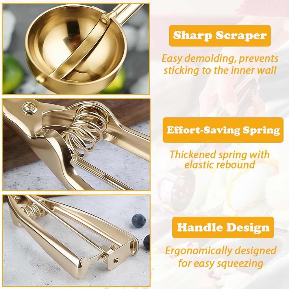 ZYHUI Gold Ice Cream Scoop 304 Stainless Steel Cookie Scoops for Baking Melon Baller with Trigger 3 Sizes (Gold, M)