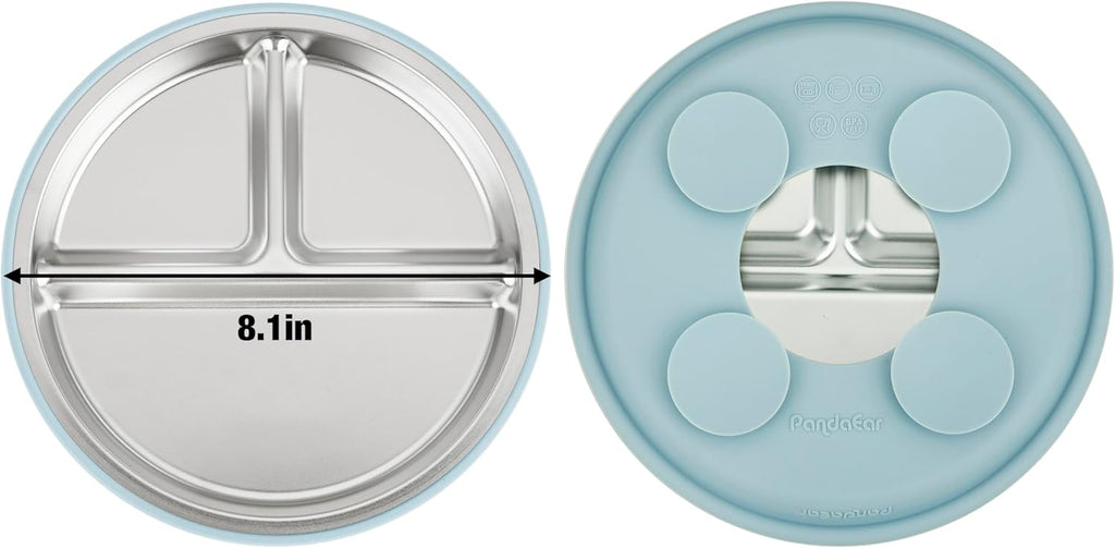 PandaEar Stainless Steel Baby Suction Plates - Non-Slip Divided Toddler Feeding Set | 3 Pack (Blue/Green/Brown)