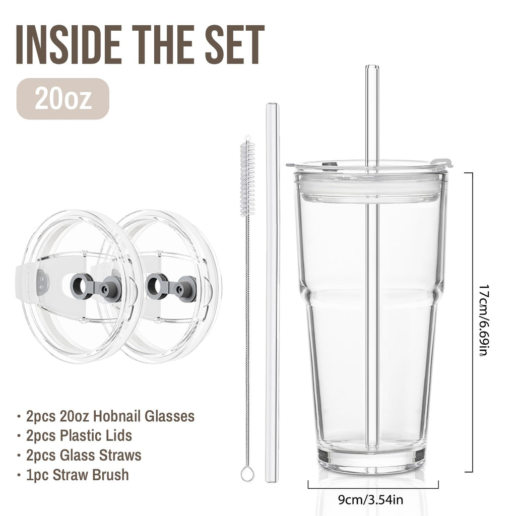 SoulTimes 20oz Glass Tumbler with Lid and Glass Straw –Set of 2, Clear Reusable Iced Coffee Cup, Drinking Glass for Coffee, Tea, Juice, Smoothies – Durable & Elegant Glassware