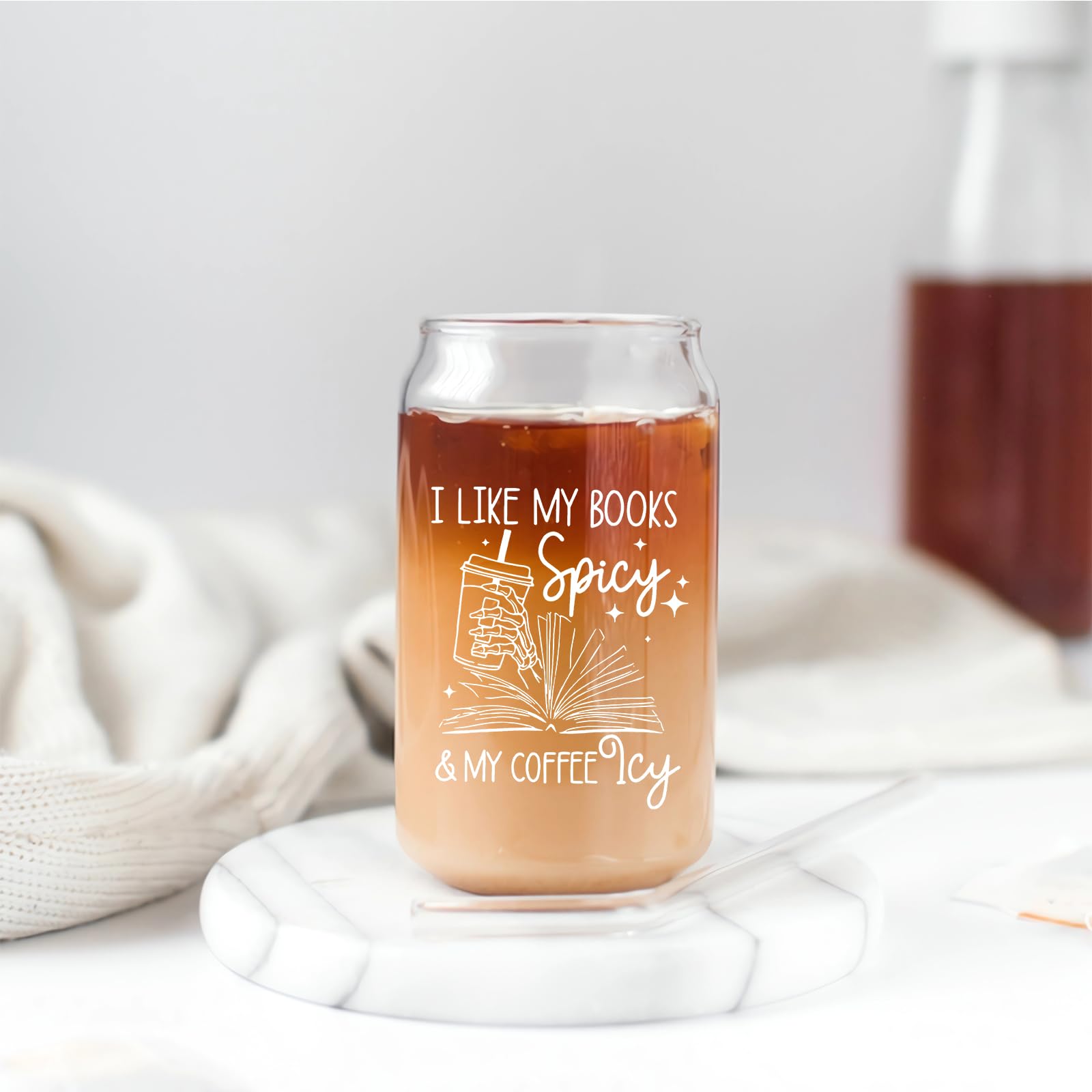 Teeglow Book Lovers Gifts Idea, 16 oz Cute Glass Cups with Lids and Straws, Bookish Present, Mothers Day Reading Gifts for Book Lovers Women, Readers, Bookworm - Coffee Tumbler, Reading Accessories
