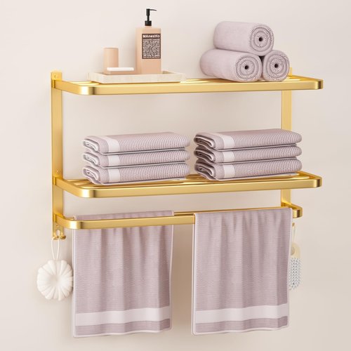 DDS-DUDES 23 Inch 3-Tier Gold Towel Racks for Bathroom with Towel Bars Multilayer Hotel Towel Shelf Stainless Steel Wall-Mounted Brushed Finish Holder with Towel Shelves