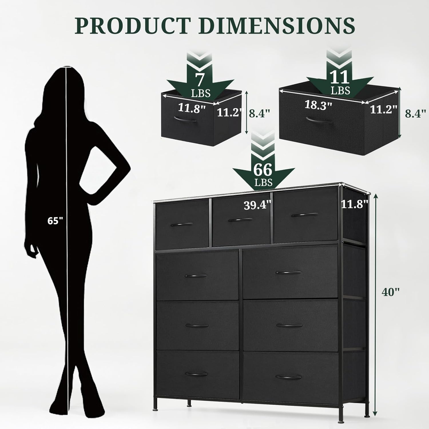 Regine Switzerland 9-Drawer Dresser - Anti-Tip Storage Organizer with Wooden Top & Metal Frame | Black