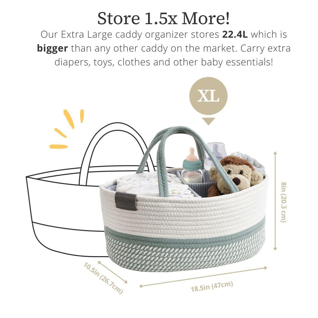 DECOMOMO XL Baby Caddy Organizer, Diaper Caddy Basket, Baskets for Baby Shower Gifts (Sage Green & White, Extra Large)