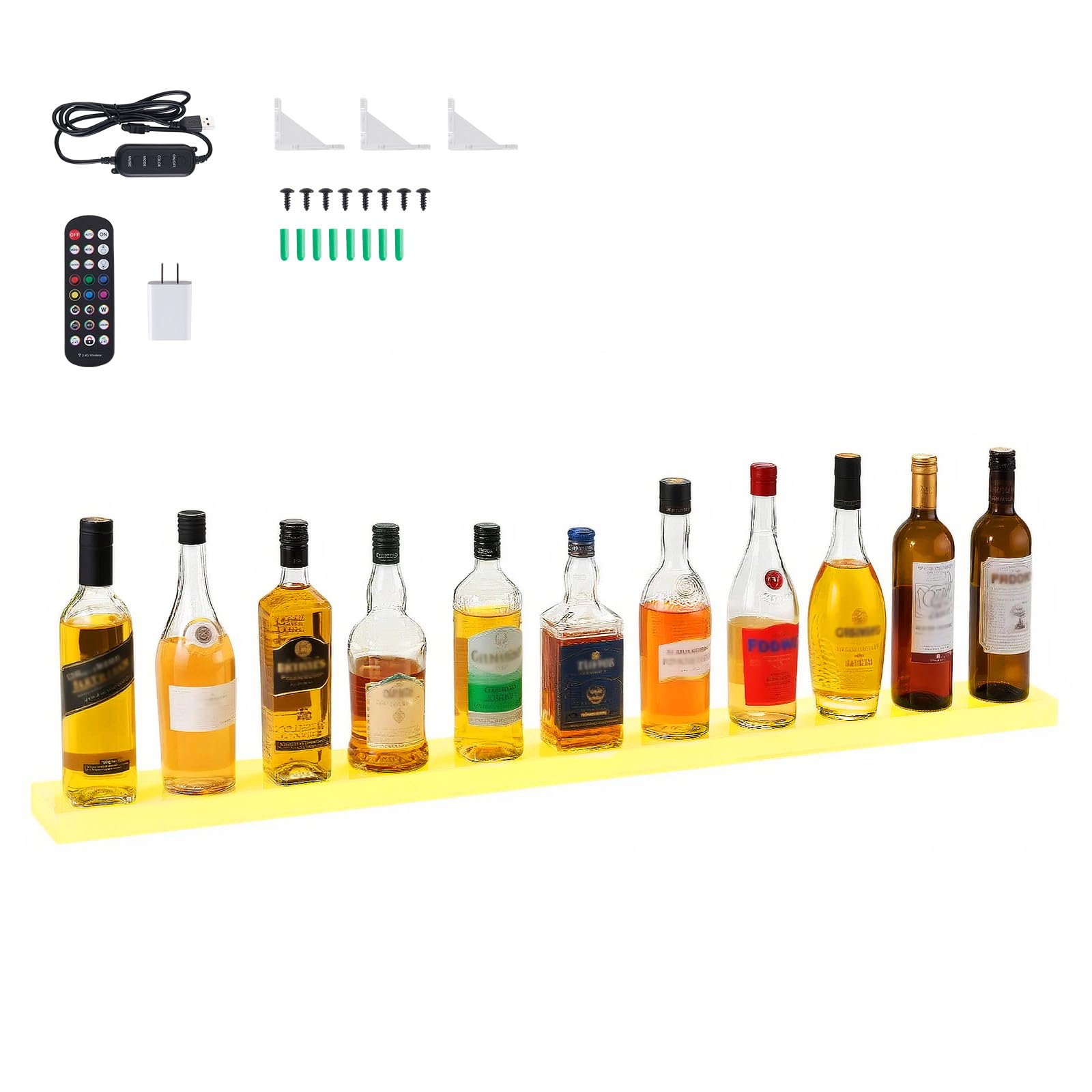 VEVOR LED Lighted Liquor Bottle Display, 1 Tier 48 Inches Whiskey Rack, Supports USB, Illuminated Home Bar Shelf with RF Remote & App Control, 7 Static Colors, Acrylic Lighted Shelf for 12 Bottles