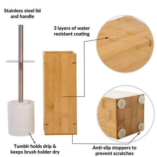 GOBAM Bamboo Toilet Bowl Cleaner with Holder for All Toilet Types - Hidden Stainless Steel Toilet Brush - Bathroom Cleaning Brushes - Toilet Accessories - Natural