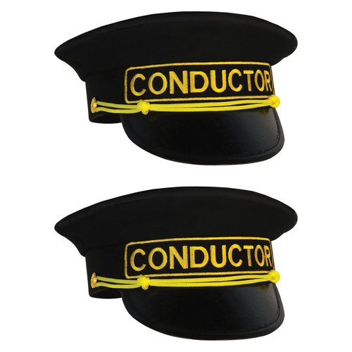 Beistle Conductor Hats – 2 Pack Black Train Conductor Costume Caps with Gold Embroidered Detail Vinyl Brim Railway Uniform Accessory for Cosplay Theater, Adult One Size