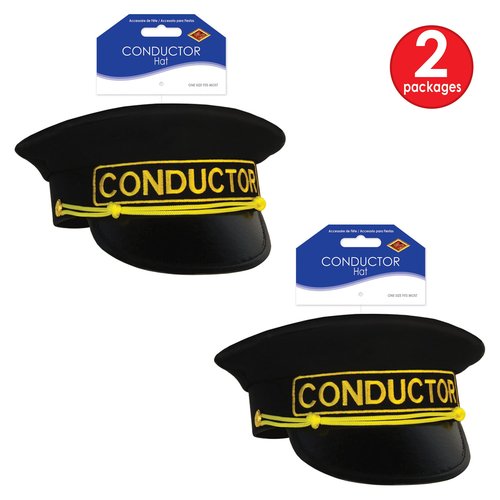 Beistle Conductor Hats – 2 Pack Black Train Conductor Costume Caps with Gold Embroidered Detail Vinyl Brim Railway Uniform Accessory for Cosplay Theater, Adult One Size