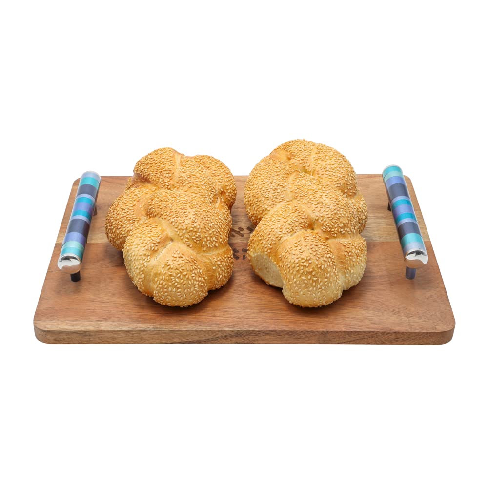 Yair Emanuel Wooden Challah Bread Cutting Board for Shabbat and Yom Tov | Multicolored Serving Handles (Blue CBM-2)