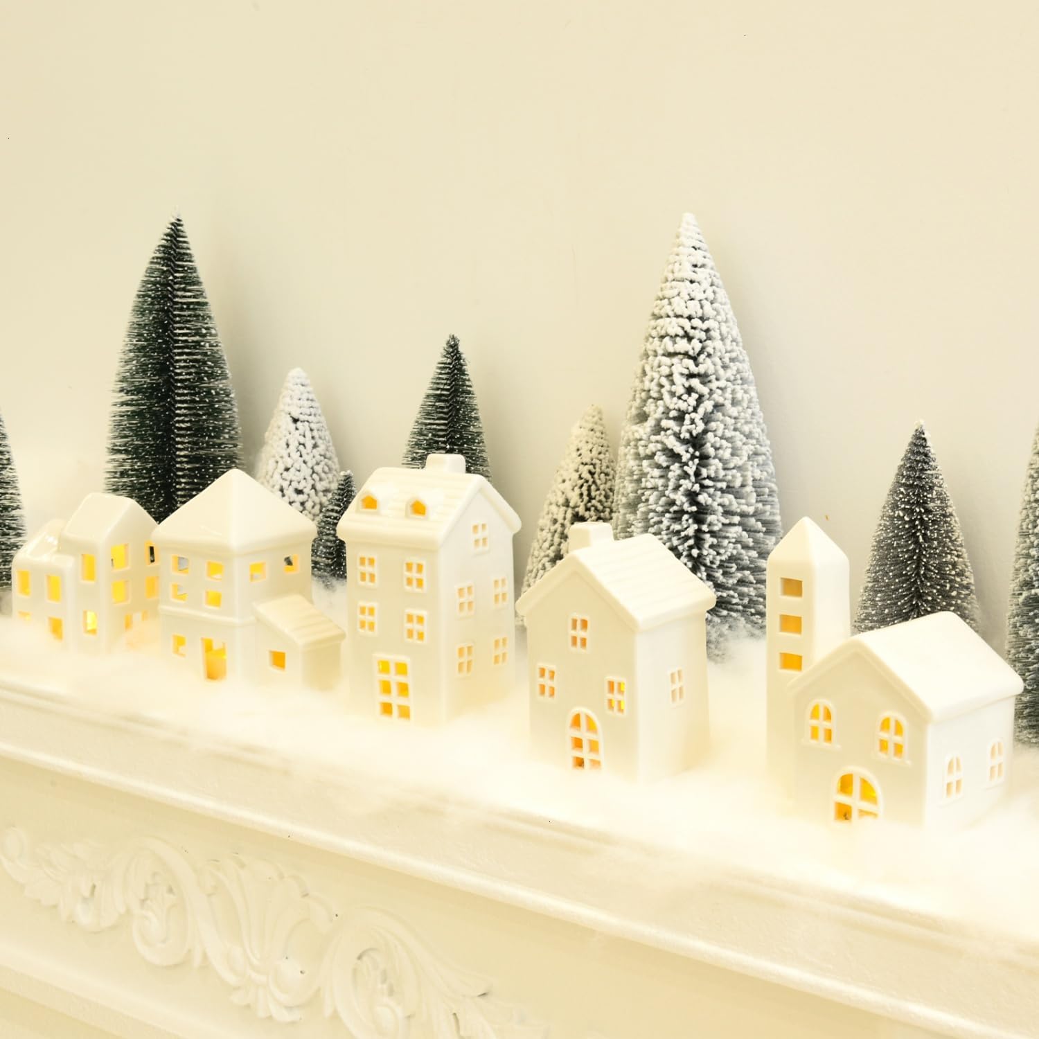 Regine Switzerland Ceramic Christmas Village Houses Set - 5 White Houses, 9 Trees & Fake Snow for Festive Home Decor