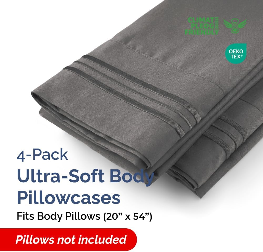Skiennix Body Pillowcases Set of 4 | Soft, Breathable 20x54 Long Pillow Covers - Fade-Free & Machine Washable (Charcoal)