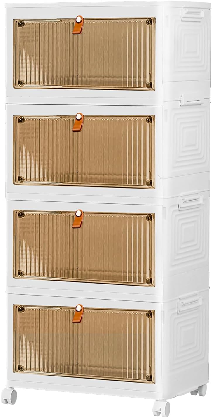 Skiennix 4-Tier Stackable Storage Bins - Collapsible Closet Organizers with Lids & Wheels | 23QT