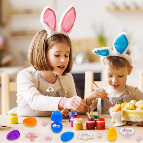 Vellibring 12 Pack Prefilled Easter Eggs with 36 pcs Cute Bracelets Necklaces Rings Easter Basket Stuffers Egg Fillers for Girls Party Favors Kids Toddler Presents