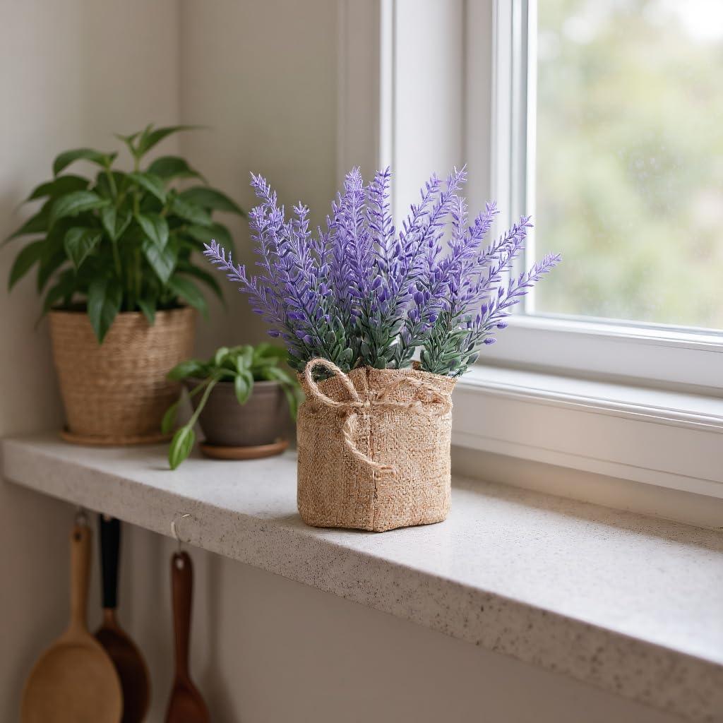 1 Pack Fake Flowers Purple Artificial Lavender Potted Bunches Small Faux Lavender Plants for Window Patio,Rustic Farmhouse,Wedding Centerpieces,Indoor Outdoor Decorations,Home Vase Fillers