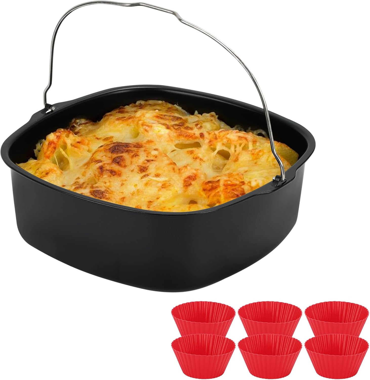 Skiennix 8-Inch Air Fryer Cake Pan - Non-Stick Deep Baking Pan with 6 Muffin Cups | Perfect for Instant Pot