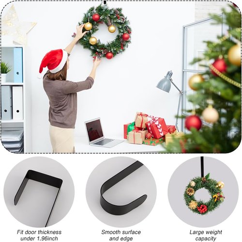 Btmooz Wreath Hangers - 2 Pack Over The Door Hooks | 12" Black Metal for Holiday Decor & Signs