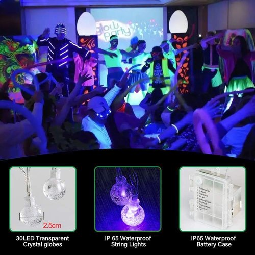 OMIKA 2 Pack Globe Fairy Lights Battery Operated, 15Ft 30LED UV Black String Lights 8 Modes with Remote Waterproof Indoor Outdoor Decorative Christmas Black Lights for Bedroom Glow Party Patio Garden