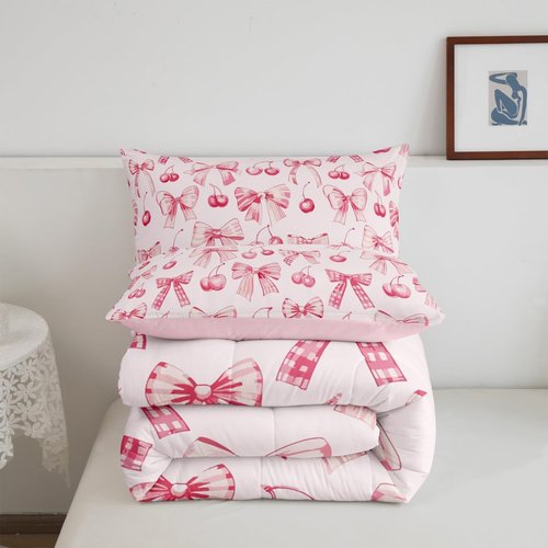 Manfei Bowknot Princess Comforter Set Full Size,Pink Bow Cherry Tropical Fruits Patchwork Bedding Set,Girls Women Room Decor,Bow-tie Girlish Dreamy Down Comforter,Pink Cute Duvet Insert,2 Pillowcases