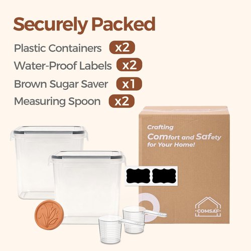 ComSaf Brown Sugar Container Set of 2 (2.5L/2.6Qt), Airtight Food Storage Containers with Lids and Terra Cotta Brown Sugar Saver, Plastic Canisters Sets for Kitchen, Pantry Organizer for Flour, Baking