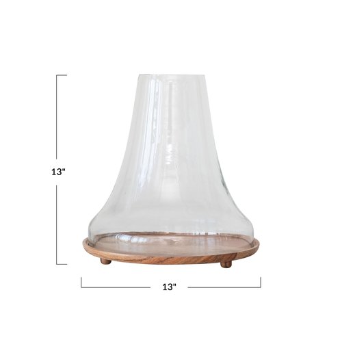 Creative Co-Op Reclaimed Glass Cloche with Mango Wood Base, Natural, Large, Clear