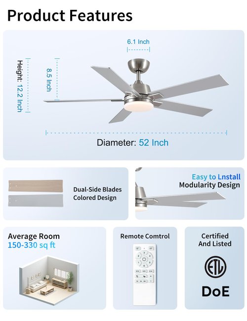 52 Inch Ceiling Fans with Lights and Remote, Brushed Nickel Ceiling Fan, 6 Speed Reversible DC Motor, 3CCT Dimmable LED, Modern Design for Bedroom, Living room & Covered Outdoor,Includes Downrod