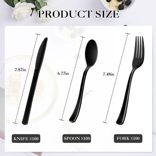 ALEXPRE 300 Pack Black Disposable Plastic Silverware Heavy Duty,Black Cutlery Set, Plastic Forks and Spoons Knives Utensils Set for Birthday Party Prom Night,Weddings,Halloween