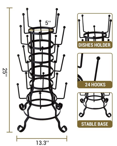 MyGift 24-Hook Rustic Black Iron Coffee Mug Holder, Tea Cup Display Stand, Drinking Glasses Baby Bottle Drying Rack Stand